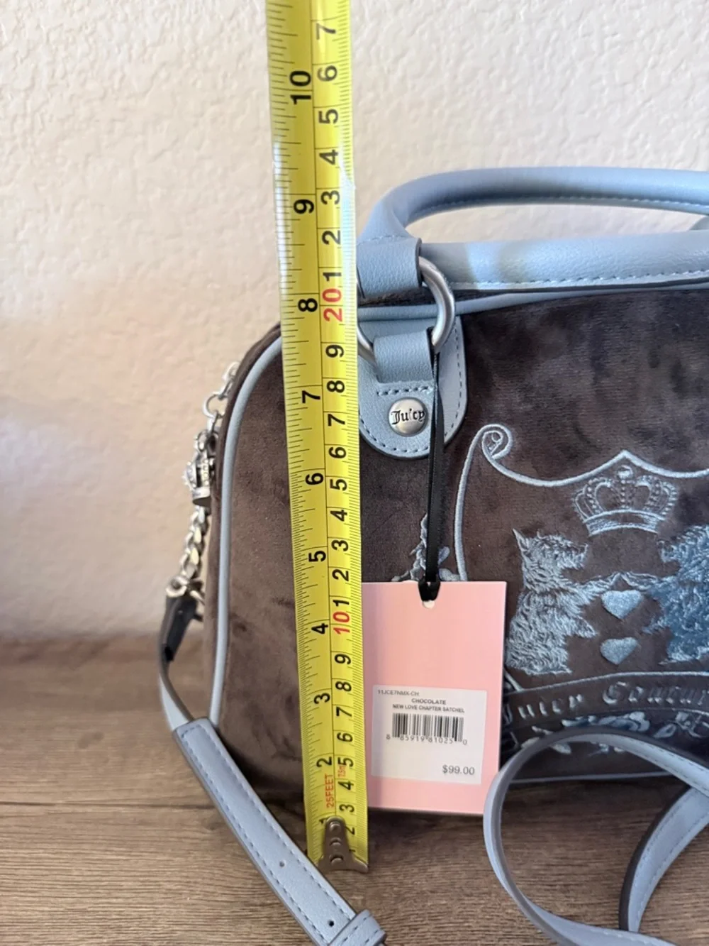 Juicy Couture Light Blue & Brown Velvet love chapter Satchel day dreamer bag
